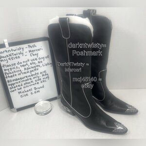 MICHAEL BLACK AND SILVER LEATHER COWBOY BOOTS TOE/HEEL HARDWARE 5.5 M EXCELLENT